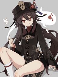  bad_id bad_twitter_id black_hair black_hat black_nails black_shirt black_shorts boo_tao_(genshin_impact) collared_shirt female flower freenote_mr genshin_impact ghost grey_background grin hair_between_eyes hat hat_flower highres hu_tao_(genshin_impact) jewelry kneehighs long_hair long_sleeves looking_at_viewer nail_polish plum_blossoms red_eyes ring shirt short_shorts shorts simple_background smile socks solo star-shaped_pupils star_(symbol) symbol-shaped_pupils thighs very_long_hair white_socks 