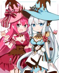  2girls :d arm_grab baobhan_sith_(fate) baobhan_sith_(valentine_witches)_(fate) blue_eyes blue_headwear blue_wrist_cuffs blush bow breasts cernunnos_(fate) cleavage cowboy_shot dot_nose dress fate/grand_order fate_(series) food-themed_clothes frilled_wrist_cuffs frills grey_eyes hat hat_bow highres holding holding_wand long_hair looking_at_viewer morgan_le_fay_(fate) morgan_le_fay_(valentine_witches)_(fate) multiple_girls open_mouth pink_dress pink_hair pink_headwear pink_wrist_cuffs pointy_ears rabiiandrain skirt smile standing wand white_hair white_skirt witch_hat wrist_cuffs 