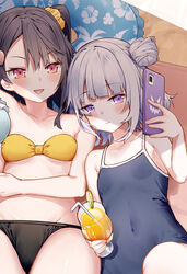  2girls :d akizuki_kei bare_arms bare_shoulders bikini black_bikini black_hair blue_one-piece_swimsuit breasts collarbone commentary covered_navel groin hair_bun hair_ornament hair_scrunchie holding itou_chieri long_hair looking_at_viewer lying mismatched_bikini multiple_girls munakata_hinano on_back one-piece_swimsuit one_side_up open_mouth original phone purple_eyes red_eyes school_swimsuit scrunchie single_hair_bun small_breasts smile spaghetti_strap strapless strapless_bikini swimsuit tokuno_yuika white_hair yellow_bikini 