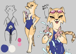  2021 4_toes akino_(el-k) anthro barefoot cheetah claws clothed clothing dripping el-k eyewear eyewear_on_head feet felid feline female goggles goggles_on_head grey_background hand_on_hip happy hi_res japanese_text looking_at_viewer mammal model_sheet one-piece_swimsuit open_mouth open_smile pawpads school_swimsuit simple_background smile solo splash spots swimming_goggles swimwear text text_on_clothing text_on_swimwear toes translated water wet 