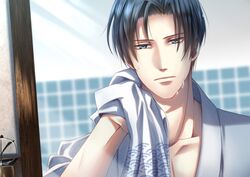  1boy blue_eyes blurry blurry_background collarbone commentary_request hand_up indoors izumi_(stardustalone) male_focus parted_bangs renri_no_chigiri_wo_kimi_to_shiru serious solo tenugui unworn_eyewear upper_body wet wet_hair 