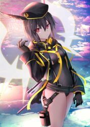  black_choker black_gloves black_hair black_hat black_jacket black_one-piece_swimsuit black_wings breasts choker closed_mouth clothing_cutout commentary fate/grand_order fate_(series) female gloves gun hair_between_eyes hat head_wings highres jacket kaze_minoru_so-ru long_sleeves looking_at_viewer medium_breasts one-piece_swimsuit open_clothes open_jacket ortlinde_(fate) ortlinde_(swimsuit_assassin)_(fate) red_eyes short_hair solo swimsuit thighs valkyrie_(fate) weapon wings 