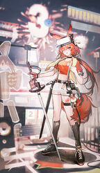  ;d absurdres ajirui animal_ears arknights black_choker black_footwear black_socks blurry blurry_background breasts choker collarbone commentary_request crop_top depth_of_field female flametail_(arknights) flametail_(sport_for_all)_(arknights) hair_between_eyes highres holding long_hair medium_breasts midriff official_alternate_costume one_eye_closed orange_eyes orange_hair orange_shirt shirt shoes short_shorts shorts smile socks squirrel_ears squirrel_girl squirrel_tail tail towel towel_around_neck very_long_hair white_shorts wild_mane_(arknights) 