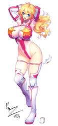  absurdres arms_behind_head arms_up blonde_hair blue_eyes blush boots breasts center_opening collarbone commission covered_navel detached_sleeves female floating_hair full_body groin hair_between_eyes highleg highleg_leotard highres huge_breasts knee_boots knee_pads leg_up leotard long_hair looking_at_viewer medium_hair open_mouth pixiv_commission rakko_(r2) sandy_bash shoulder_pads simple_background skindentation smile standing standing_on_one_leg star_(symbol) suketto_sanjou! thigh_strap thighhighs thighhighs_under_boots white_background white_footwear 