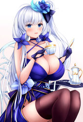  absurdres azur_lane bare_shoulders blue_choker blue_eyes blue_flower blue_gloves blue_rose breasts choker cleavage commentary criss-cross_halter cup dress evening_gown female flower gintokyhenry gloves hair_flower hair_ornament halterneck highres holding holding_saucer huge_breasts illustrious_(azur_lane) illustrious_(never-ending_tea_party)_(azur_lane) long_hair looking_at_viewer official_alternate_costume rose saucer simple_background sitting skindentation sleeveless sleeveless_dress solo teacup teapot thighhighs very_long_hair 