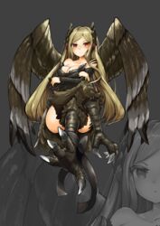  absurdres animal_ears bare_shoulders bird_ears bird_legs bird_tail blonde_hair blush breasts brown_feathers brown_wings cleavage commentary_request crossed_arms crossed_legs feathers female harpy highres long_hair medium_breasts monster_girl original red_eyes shitoi_(aqua1487) solo tail talons twintails very_long_hair wings 