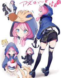  1other 2girls ;p ^_^ absurdres ahoge ambiguous_gender anmitu_(sui_3959) arknights ass back belt blanket blue_eyes blue_jacket blue_poison_(arknights) blue_poison_(elite_ii)_(arknights) blush closed_eyes confession crossbow cupcake dessert disembodied_hand disembodied_head doctor_(arknights) food fruit full_body gummy_(arknights) hand_on_another&#039;s_head headpat highres holding holding_blanket holding_clothes holding_crossbow holding_food holding_jacket holding_weapon hood hood_up hooded_jacket incoming_food jacket looking_at_viewer looking_back low_twintails multiple_girls multiple_views one_eye_closed parted_lips pink_hair pouch shorts simple_background sleeping smile snoring strawberry suspender_shorts suspenders thighhighs thumbs_up tongue tongue_out twintails wavy_mouth weapon white_background 