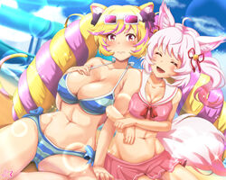  2girls 3: :d ^_^ ahoge animal_ear_fluff animal_ears arm_hug arm_support artist_logo bare_legs bare_shoulders beach bell bikini bikini_skirt blonde_hair blue_bikini blue_sky blurry blurry_background blush bow bow_bikini breasts cat_ears cat_girl cat_tail cleavage closed_eyes cloud commentary covered_nipples cowboy_shot day dog_ears dog_girl drill_hair eyewear_on_head groin hair_ribbon hairbow hand_on_own_chest howan_(show_by_rock!!) large_breasts lens_flare looking_at_viewer mashima_himeko_(show_by_rock!!) medium_breasts midriff multicolored_hair multiple_girls navel open_mouth outdoors pink_bikini pink_hair pool poolside purple-tinted_eyewear purple_bow purple_eyes red_ribbon ribbon sailor_bikini sailor_collar samenoido show_by_rock!! sidelocks sitting sky smile sparkle striped_bikini striped_clothes swimsuit tail thick_eyebrows tinted_eyewear toned twin_drills two-tone_bikini two-tone_hair two_side_up water_slide white_sailor_collar wolf_ears wolf_girl wolf_tail yokozuwari yuri 