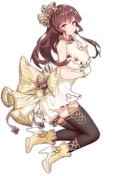  ark_order back_bow blush boots bow breasts brown_eyes brown_hair brown_thighhighs cuisine_dimension dress female finger_to_mouth fish_hair_ornament food full_body gloves hair_ornament high_heel_boots high_heels large_breasts long_hair looking_at_viewer official_alternate_costume official_art print_thighhighs ronopu scale_print scales sleeveless sleeveless_dress smile solo tachi-e taiyaki taiyaki_(cuisine_dimension) thighhighs transparent_background wagashi white_dress white_gloves yellow_bow yellow_footwear 