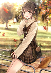  autumn autumn_leaves bag blurry blurry_background blush braid brown_eyes brown_hair brown_skirt can canned_coffee chocho_(homelessfox) commentary cowboy_shot day depth_of_field drink_can falling_leaves female hair_ribbon handbag holding holding_can leaf lens_flare long_sleeves looking_at_viewer mandrake on_railing original outdoors park plaid plaid_skirt pom_pom_(clothes) railing ribbon short_hair shoulder_bag skirt sleeves_past_wrists sweater symbol-only_commentary yellow_ribbon yellow_sweater 