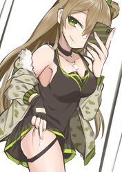  black_choker black_gloves black_shirt blush bow breasts brown_hair camouflage camouflage_jacket cellphone choker cleavage closed_mouth clothes_pull collarbone double_bun feet_out_of_frame female fingerless_gloves fingernails girls&#039;_frontline gloves green_eyes hair_bun hairbow highres holding holding_phone jacket jacket_pull kuzumotsu licking_lips long_hair looking_at_viewer medallion medium_breasts open_clothes open_jacket phone rfb_(girls&#039;_frontline) selfie shirt simple_background smartphone smile solo standing tongue tongue_out 