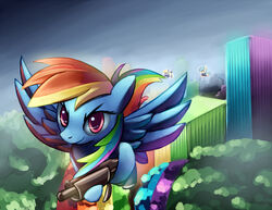  2011 blue_body blue_feathers blue_fur cloud cloud_kicker_(mlp) colorful_theme equid equine feathered_wings feathers female feral friendship_is_magic fur group gun hair hasbro mammal multicolored_hair my_little_pony mythological_creature mythological_equine mythology negativefox pegasus rainbow rainbow_dash_(mlp) rainbow_hair raindrops_(mlp) ranged_weapon smile solo_focus submachine_gun weapon wings 