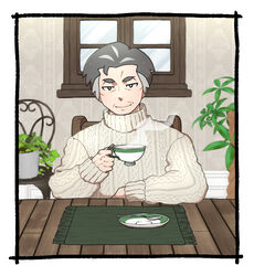  1boy batabiru black_eyes chair closed_mouth commentary_request cup holding holding_cup indoors kabu_(pokemon) long_sleeves looking_at_viewer male_focus multicolored_hair plant pokemon pokemon_swsh potted_plant saucer sitting sleeves_past_wrists smile solo spoon steam sweater table teacup two-tone_hair window 