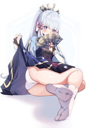  absurdres armor ass blue_eyes blunt_bangs blush breastplate clothes_lift covering_own_mouth etoile feet female fingerless_gloves full_body genshin_impact gloves hair_ornament highres japanese_clothes kamisato_ayaka kamisato_clan_(emblem) lifting_own_clothes mole mole_under_eye no_shoes panties ponytail sidelocks skirt skirt_lift soles solo tabi toes underwear vambraces white_hair white_panties 