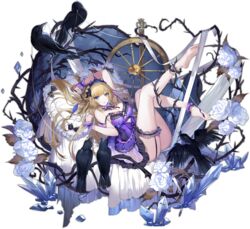  ankle_cuffs ark_order babydoll bare_legs bare_shoulders barefoot bed_sheet bird black_bow blonde_hair blue_eyes blue_headwear bow breasts bridal_garter crow crown crystal female flower full_body garter_straps hairbow hatoyama_itsuru ice large_breasts looking_at_viewer lying official_art on_back open_mouth pillow purple_babydoll rose sleeping_beauty sleeping_beauty_(ark_order) sleeping_beauty_(character) solo spindle spinning_thread spinning_wheel tachi-e thorns transparent_background variant_set white_flower white_rose wrist_cuffs 