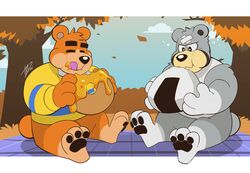  2020 3_toes animal_crossing anthro autumn barefoot bear belly black_pawpads brown_body brown_fur closed_eyes clothing curt_(animal_crossing) dessert doughnut duo eating feet food fur grey_body grey_fur hi_res hikazedragon honey_(food) male mammal nintendo onigiri outside overweight overweight_male pastry pawpads paws plantigrade rice shirt sitting soles teddy_(animal_crossing) toes topwear 