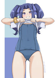  arms_up ass_visible_through_thighs blue_one-piece_swimsuit blush clothes_lift female grin hair_intakes highres lifting_own_clothes lips long_hair melty_q_melromarc nekokyun no_pants one-piece_swimsuit purple_eyes purple_hair ribbon school_swimsuit scrunchie shirt shirt_lift short_sleeves smile solo swimsuit swimsuit_under_clothes tate_no_yuusha_no_nariagari thighs twintails white_shirt wrist_scrunchie 