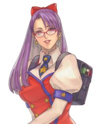  asamiya_athena backpack bag bespectacled black_bag blue_necktie book bow breasts collared_shirt commentary dress earrings english_commentary female glasses hairbow highres jewelry kof:_maximum_impact ktovhinao lips long_hair looking_at_viewer maximum_impact_ii medium_breasts necktie parted_lips puffy_short_sleeves puffy_sleeves purple_eyes purple_hair red-framed_eyewear red_bow red_dress school_bag school_uniform shirt short_sleeves simple_background smile solo star_(symbol) star_print the_king_of_fighters upper_body white_background white_shirt 