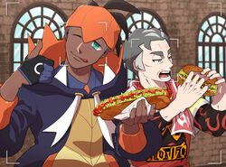  2boys :q batabiru black_eyes black_hair black_hoodie burger collared_shirt commentary_request dark-skinned_male dark_skin earrings eating fingernails food gloves green_eyes half-closed_eyes hands_up head_tilt holding hood hoodie hot_dog jewelry kabu_(pokemon) ketchup lettuce looking_at_viewer male_focus multicolored_hair multiple_boys one_eye_closed open_mouth partially_fingerless_gloves pokemon pokemon_swsh raihan_(pokemon) shirt single_glove teeth thumbs_up tongue tongue_out towel towel_around_neck two-tone_hair viewfinder 