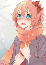  blush bow commentary crying crying_with_eyes_open doki_doki_literature_club english_commentary female grey_jacket hair_between_eyes hairbow hand_on_own_chest highres jacket long_sleeves looking_away open_clothes open_jacket open_mouth pink_hair pink_scarf red_bow sayori_(doki_doki_literature_club) scarf school_uniform short_hair solo tears upper_body xhunzei 