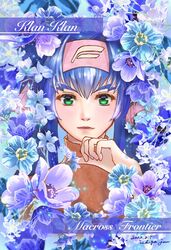  blue_flower blue_hair blue_theme blush brown_sweater character_name copyright_name dated eyebrows_hidden_by_hair female flower forget-me-not_(flower) green_eyes hair_intakes hairband highres himalayan_poppy_(flower) ichigo_jam klan_klein light_smile looking_at_viewer macross macross_frontier parted_lips pink_hairband poppy_(flower) purple_flower solo straight-on sweater 