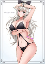  arm_under_breasts armpits azur_lane bikini black_bikini black_bow bow breast_hold breasts character_name cleavage clothing_cutout female grey_eyes grey_hair hairbow highres holding holding_removed_eyewear large_breasts linked_bikini long_hair looking_at_viewer monokini o-ring o-ring_swimsuit official_alternate_costume pink-tinted_eyewear sai-go simple_background solo stomach_cutout swimsuit tinted_eyewear unworn_eyewear vittorio_veneto_(azur_lane) vittorio_veneto_(the_flower_of_la_spezia)_(azur_lane) white-framed_eyewear white_background 