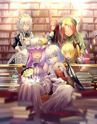  6+girls :d ^_^ apron bat_wings beret bespectacled black_bow black_vest blonde_hair blue_bow blue_dress blue_hair blue_ribbon book book_stack bookshelf bow bowtie braid brooch character_doll closed_eyes commentary_request crescent crescent_hat_ornament crystal demon_wings dress facing_viewer flandre_scarlet frilled_apron frilled_shirt_collar frills glasses green_bow green_dress green_headwear grey_hair hair_between_eyes hairbow hat hat_ornament hat_ribbon head_wings highres holding holding_book holding_teapot hong_meiling indoors izayoi_sakuya jewelry juliet_sleeves kirisame_marisa koakuma long_sleeves looking_at_viewer maid maid_apron maid_headdress mob_cap multiple_girls no_headwear one_side_up open_mouth patchouli_knowledge puffy_sleeves purple_bow purple_bowtie purple_dress red-framed_eyewear red_bow red_eyes red_hair red_ribbon remilia_scarlet ribbon shirt short_hair sitting smile star_(symbol) star_hat_ornament striped_clothes striped_dress teapot touhou twin_braids vertical-striped_clothes vertical-striped_dress vest white_apron white_dress white_headwear white_shirt wide_sleeves wings yuki_(popopo) 