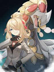  absurdres bad_id bad_pixiv_id black_gloves black_pants blonde_hair buttons closed_mouth commentary cynthia_(pokemon) cynthia_(sygna_suit)_(pokemon) female gloves grey_jacket hair_ornament hair_over_one_eye hair_rings hand_on_own_hip hand_up head_tilt highres jacket jewelry kommo-o navel official_alternate_costume pants pokemon pokemon_(creature) pokemon_masters_ex ring smile ziu 