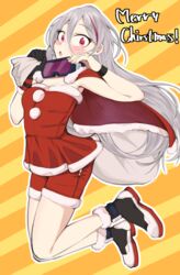  :o alternate_costume bag black_gloves blush boots breasts christmas eyewear_around_neck female fingernails full_body girls&#039;_frontline gloves grey_hair highres holding holding_bag kuzumotsu long_hair looking_at_viewer merry_christmas open_mouth purple_eyes safety_glasses santa_costume single_glove solo t-cms_(girls&#039;_frontline) 