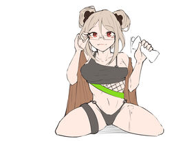  absurdres adjusting_eyewear black_panties black_shirt blush bra_strap breasts closed_mouth collarbone double_bun female full_body girls&#039;_frontline glasses hair_bun hair_ornament hairclip hand_on_eyewear highres holding kuzumotsu light_brown_hair lips long_hair looking_at_viewer medium_breasts official_alternate_costume p90_(girls&#039;_frontline) panties red_eyes seiza shirt sitting smile solo underwear white_background 