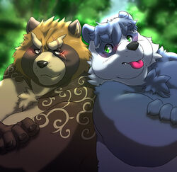  2020 anthro bear belly black_nose blush brown_body brown_fur canid canine cute_fangs duo fur giant_panda gyobu_(tas) humanoid_hands kemono lifewonders male mammal mav_(deadly_kiten) overweight overweight_male raccoon_dog scar tanuki tokyo_afterschool_summoners tongue tongue_out white_body white_fur yukikazefactory 