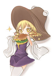  +_+ absurdres blonde_hair brown_hat burger cowboy_shot eating female food hair_ribbon hat highres holding holding_food long_hair miniskirt moriya_suwako purple_skirt purple_vest ribbon shiki_karin shirt sidelocks simple_background skirt skirt_set solo thighhighs touhou tress_ribbon vest white_background white_shirt white_thighhighs wide_sleeves yellow_eyes 