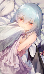  bare_shoulders bat_wings bed_sheet blue_hair blush dress fang_out female hair_between_eyes highres holding holding_pillow hugging_object looking_at_viewer lying nail_polish no_headwear oerba_yun_fang on_back pillow pillow_hug pink_dress red_eyes red_nails remilia_scarlet short_hair skin_fang smile solo touhou upper_body wings yuki_(popopo) 