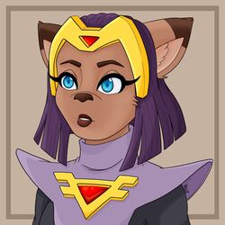  1:1 2020 anthro armor blue_eyes brown_body brown_fur brown_nose cazar_(ratchet_and_clank) clothing eyelashes female fur hair hi_res inner_ear_fluff lips lumidoodles mammal purple_hair ratchet_and_clank sasha_phyronix solo sony_corporation sony_interactive_entertainment tuft 