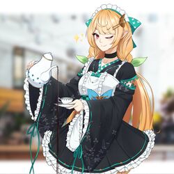  black_choker blonde_hair braid breasts choker collarbone cup female hair_behind_ear highres holding holding_plate holding_teapot kotori_kai_(artist) long_hair looking_at_viewer maid medium_breasts nijisanji nijisanji_en official_alternate_costume one_eye_closed plate pointy_ears pomu_rainpuff pomu_rainpuff_(2nd_costume) pouring smile sparkle tea teacup teapot twin_braids very_long_hair virtual_youtuber wa_maid you&#039;re_doing_it_wrong 