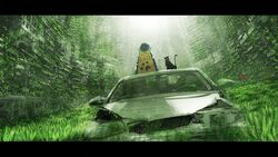  backpack bag black_cat black_hair building car chocoshi feline female from_behind grass highres letterboxed light_particles long_sleeves motor_vehicle neon_trim original outdoors overgrown paw_print post-apocalypse ruins scenery sitting sitting_on_car solo vehicle_focus 