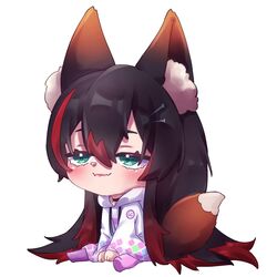  animal_ear_fluff animal_ears blush chibi eyebrows_hidden_by_hair female fox_ears fox_girl fox_tail green_eyes highres hiki_(hikioqo) hood hoodie kemonomimi_mode long_hair mika_melatika mika_melatika_(1st_costume) multicolored_hair nail nail_hair_ornament nijisanji nijisanji_id pantyhose purple_pantyhose red_hair sitting smile solo streaked_hair tail very_long_hair virtual_youtuber white_hoodie 