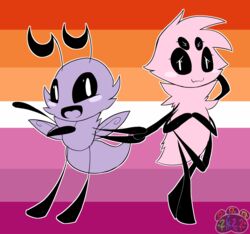  arachnid arthropod bee duo fan_character female female/female hand_holding hi_res hymenopteran insects lesbian_pride_colors lgbt_pride lgbt_pride_month looking_at_viewer oooeygoooey orange_lesbian_pride_colors pride_color_background pride_colors simple_background spider 