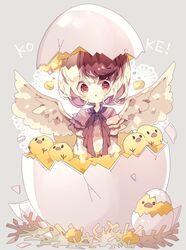  animal bird bird_wings blonde_hair blush capelet chick commentary_request egg eggshell eggshell_hat female grey_background hatching highres looking_at_viewer mini_person minigirl nikorashi-ka niwatari_kutaka red_eyes shirt short_hair simple_background touhou triangle_mouth white_shirt wings 