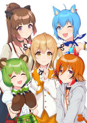  5girls animal_ears animal_hands animare closed_eyes commentary_request hair_between_eyes hanerilove highres hinokuma_ran inaba_haneru_(animare) jacket kazami_kuku long_hair looking_at_viewer multiple_girls nanashi_inc. one_eye_closed open_mouth short_hair simple_background souya_ichika souya_ichika_(1st_costume) virtual_youtuber white_background yunohara_izumi 