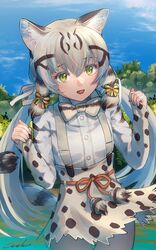  :d absurdres animal_ear_fluff animal_ears blue_sky bow bowtie cat_ears cat_girl cat_tail commentary cowboy_shot day female geoffroy&#039;s_cat_(kemono_friends) green_eyes grey_hair hair_between_eyes hairbow highres kemono_friends long_hair long_sleeves looking_at_viewer low_twintails multicolored_hair nature oerba_yun_fang open_mouth outdoors print_bow print_bowtie print_skirt print_sleeves shirt signature skirt sky sleeves_past_wrists slit_pupils smile solo striped_tail suspender_skirt suspenders tail thigh_gap twintails very_long_hair welt_(kinsei_koutenkyoku) white_shirt 