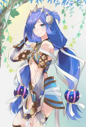  armor bare_shoulders blue_eyes blue_hair breasts closed_mouth dana_(ys) female george_man hair_ribbon hand_up highres long_hair looking_at_viewer low_twintails midriff navel ribbon see-through see-through_sleeves simple_background small_breasts smile solo standing stomach twintails very_long_hair white_ribbon ys ys_viii_lacrimosa_of_dana 