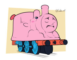  blue_eyes blush_stickers covered_face freckles_art full_body horror_(theme) kirby kirby_(series) kirby_and_the_forgotten_land meme mouthful_mode no_humans thomas_the_tank_engine thomas_the_tank_engine_(character) train twitter_username 