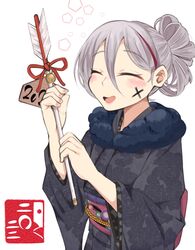  2022 alternate_costume arrow_(projectile) blush closed_eyes female fingernails fur-trimmed_kimono fur_trim girls&#039;_frontline grey_hair hair_ornament hamaya highres holding holding_arrow japanese_clothes kimono kuzumotsu long_hair new_year open_mouth smile solo t-cms_(girls&#039;_frontline) upper_body white_background 