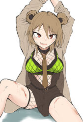  blood blood_on_leg blush bound bound_wrists breasts brown_coat brown_dress brown_hair brown_necktie coat double_bun dress feet_out_of_frame female girls&#039;_frontline green_sports_bra hair_bun highres kuzumotsu looking_at_viewer medium_breasts medium_hair necktie official_alternate_costume on_floor open_clothes open_coat open_dress open_mouth p90_(girls&#039;_frontline) p90_(the_girl_from_b.e.l)_(girls&#039;_frontline) red_eyes scar smile solo sports_bra sweat white_background 