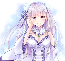  adjusting_hair blue_ribbon blunt_bangs braid breasts chii_(sbshop) cleavage closed_mouth clothing_cutout crown_braid detached_collar emilia_(re:zero) female floating_hair flower gem green_gemstone grey_hair hair_flower hair_ornament hair_ribbon highres long_hair looking_at_viewer medium_breasts re:zero_kara_hajimeru_isekai_seikatsu ribbon shoulder_cutout smile solo upper_body very_long_hair white_flower 