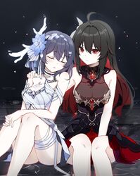  2girls absurdres ahoge bare_legs bare_shoulders black_dress black_hair breasts chest_tattoo closed_eyes closed_mouth colored_inner_hair dress english_commentary flower hair_between_eyes hair_flower hair_ornament hand_on_another&#039;s_shoulder hand_on_own_knee highres honkai_(series) honkai_impact_3rd kaya_(tyhk7874) long_hair medium_breasts multicolored_hair multiple_girls parted_lips red_eyes red_hair seele_(alter_ego) seele_vollerei seele_vollerei_(herrscher_of_rebirth) seele_vollerei_(starchasm_nyx) sitting sleeping tattoo upper_body white_dress white_headwear yuri 