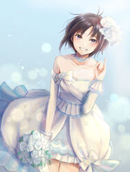  antenna_hair bare_shoulders black_hair blurry blush bokeh bouquet bow breasts bride choker collarbone cowboy_shot depth_of_field detached_sleeves dress dutch_angle female floating_hair flower frilled_choker frilled_dress frills grin hair_ornament highres holding holding_bouquet idolmaster idolmaster_(classic) idolmaster_million_live! idolmaster_million_live!_theater_days iso_(nh15mint) kikuchi_makoto looking_at_viewer off_shoulder pinky_out print_dress short_hair small_breasts smile solo wedding_dress white_dress 