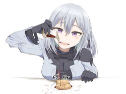  black_bodysuit blush bodysuit breast_rest breasts breasts_on_table cleavage female food girls&#039;_frontline grey_hair hair_between_eyes hair_ornament hairclip highres holding holding_saucer kuzumotsu large_breasts looking_at_viewer open_mouth parted_lips plate pouring purple_eyes rpk-16_(girls&#039;_frontline) saucer smile solo soy_sauce tactical_clothes teeth upper_body upper_teeth_only white_background 