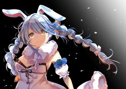  animal_ear_fluff animal_ears black_background blue_bow blue_hair bow braid breasts carrot cleavage don-chan_(usada_pekora) female floating_hair food-themed_hair_ornament hair_ornament hairbow hololive long_hair looking_up multicolored_hair rabbit_ears short_eyebrows small_breasts smile solo twin_braids twintails usada_pekora usada_pekora_(1st_costume) virtual_youtuber white_bow white_hair yagi_(yagiumaaai) yellow_eyes 